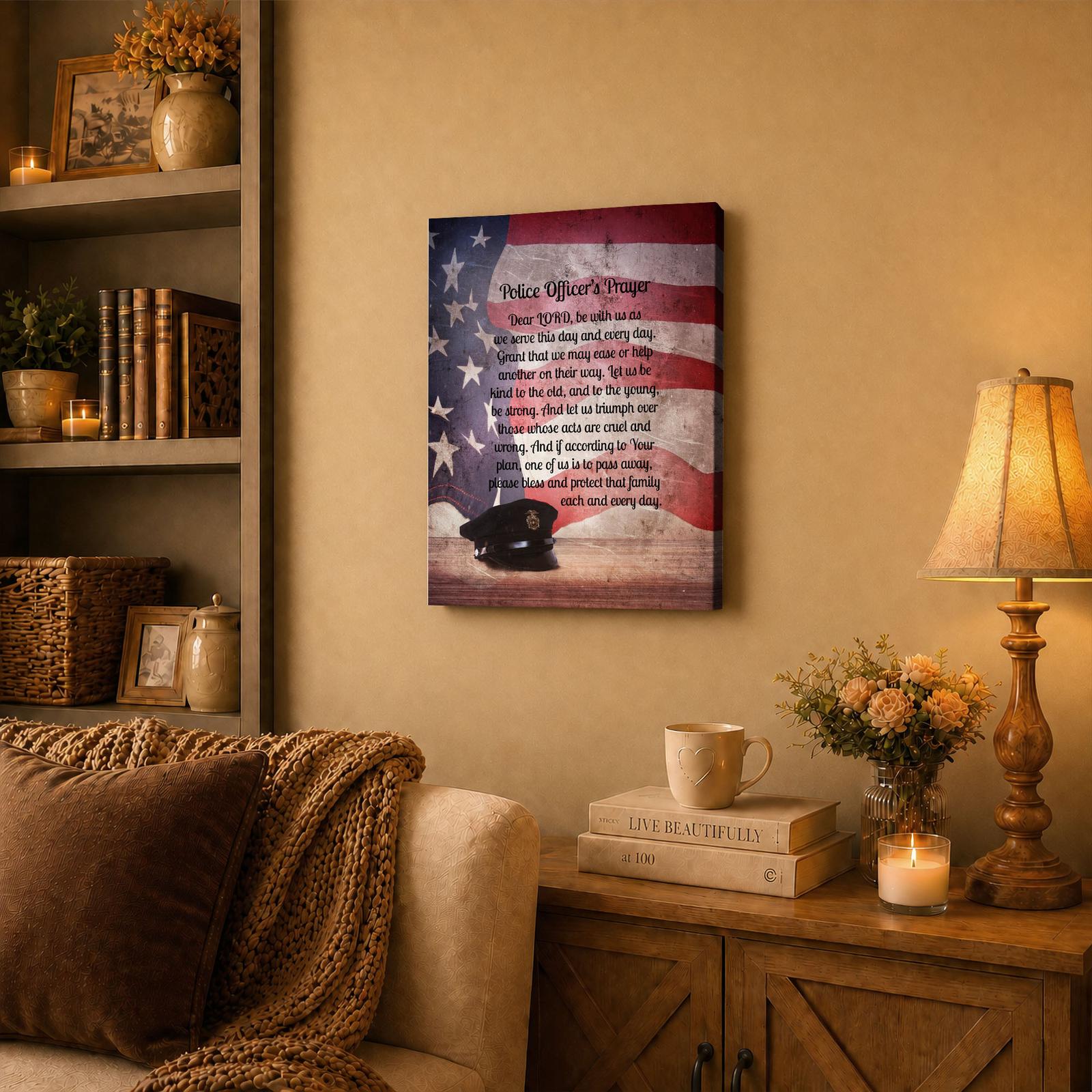 Police prayer canvas wall art in a home office