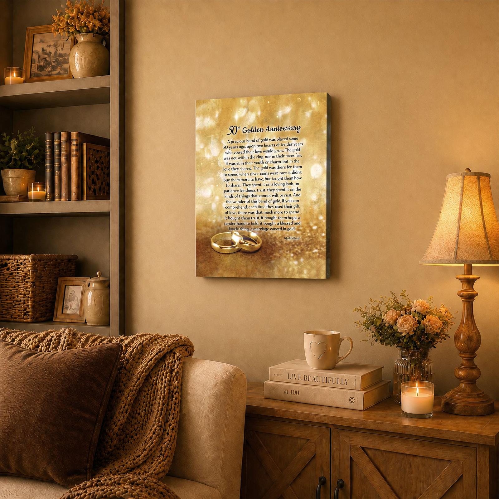 50th Anniversary Bands of Gold canvas wall art displayed in a living room