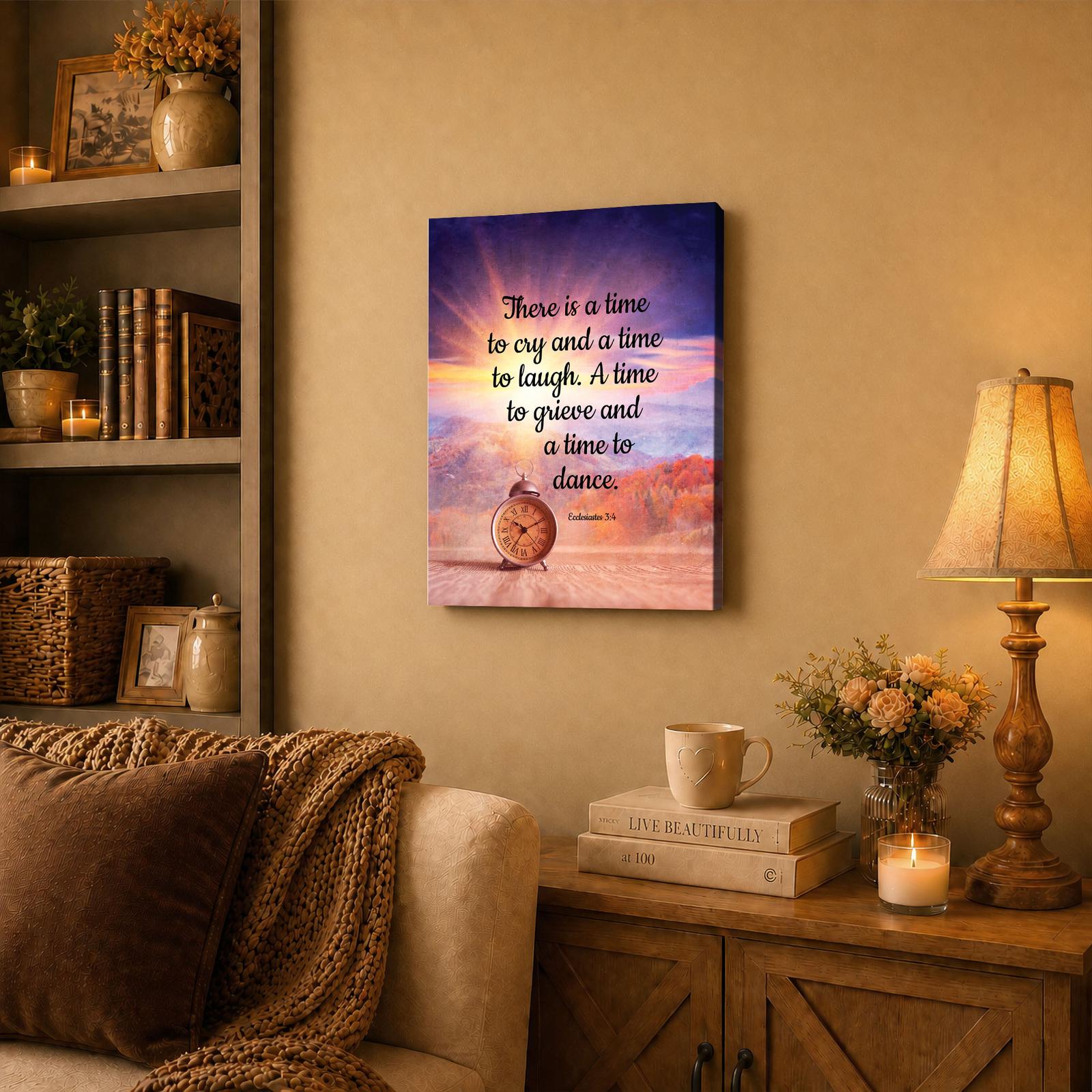 Ecclesiastes 3:4 canvas wall art displayed in a home office