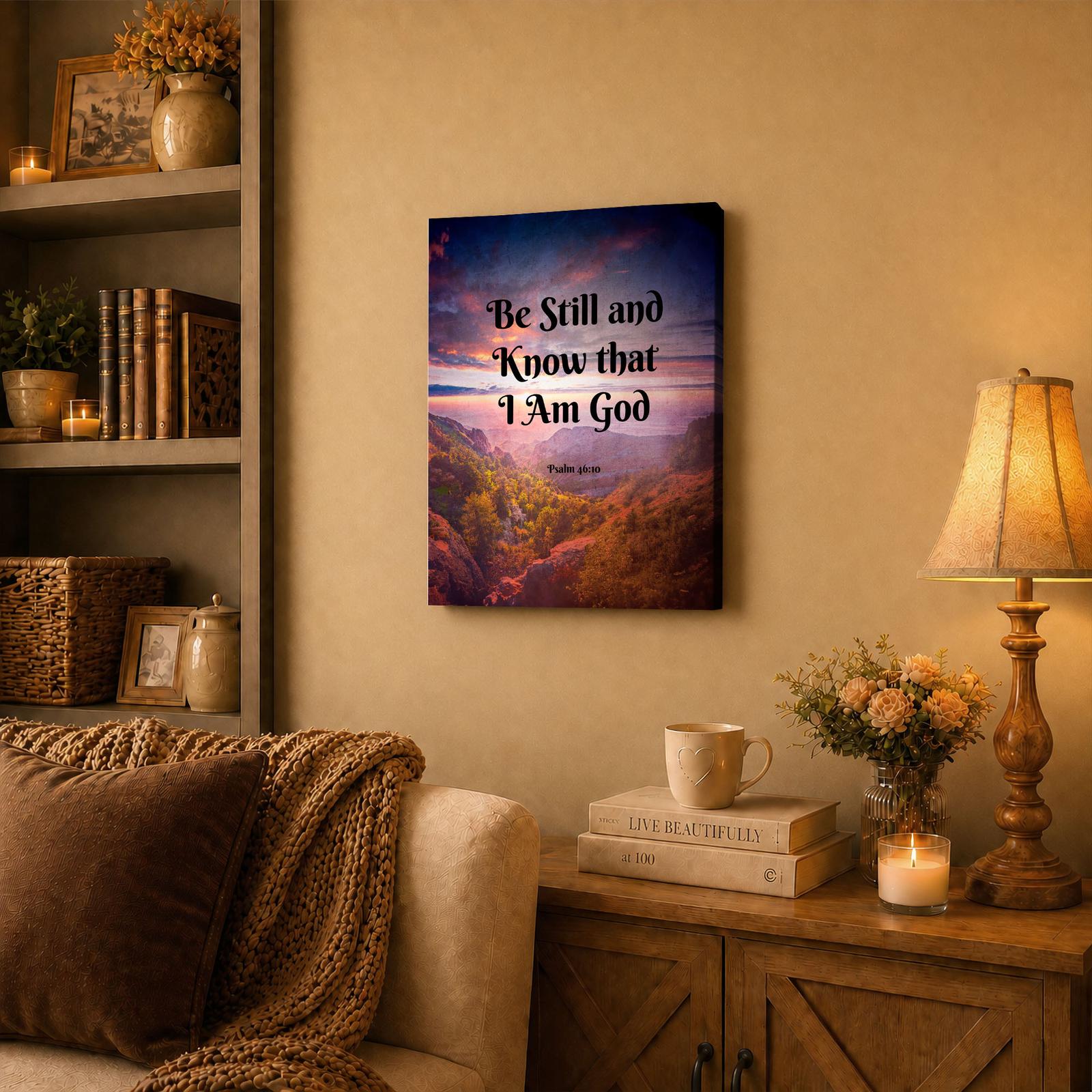 Be Still and Know canvas wall art displayed in a living room