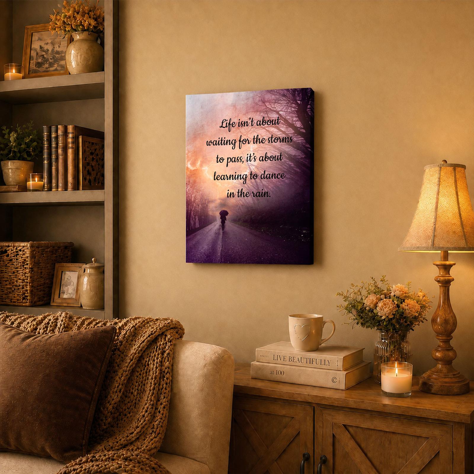 Motivational quote canvas print displayed above a living room sofa