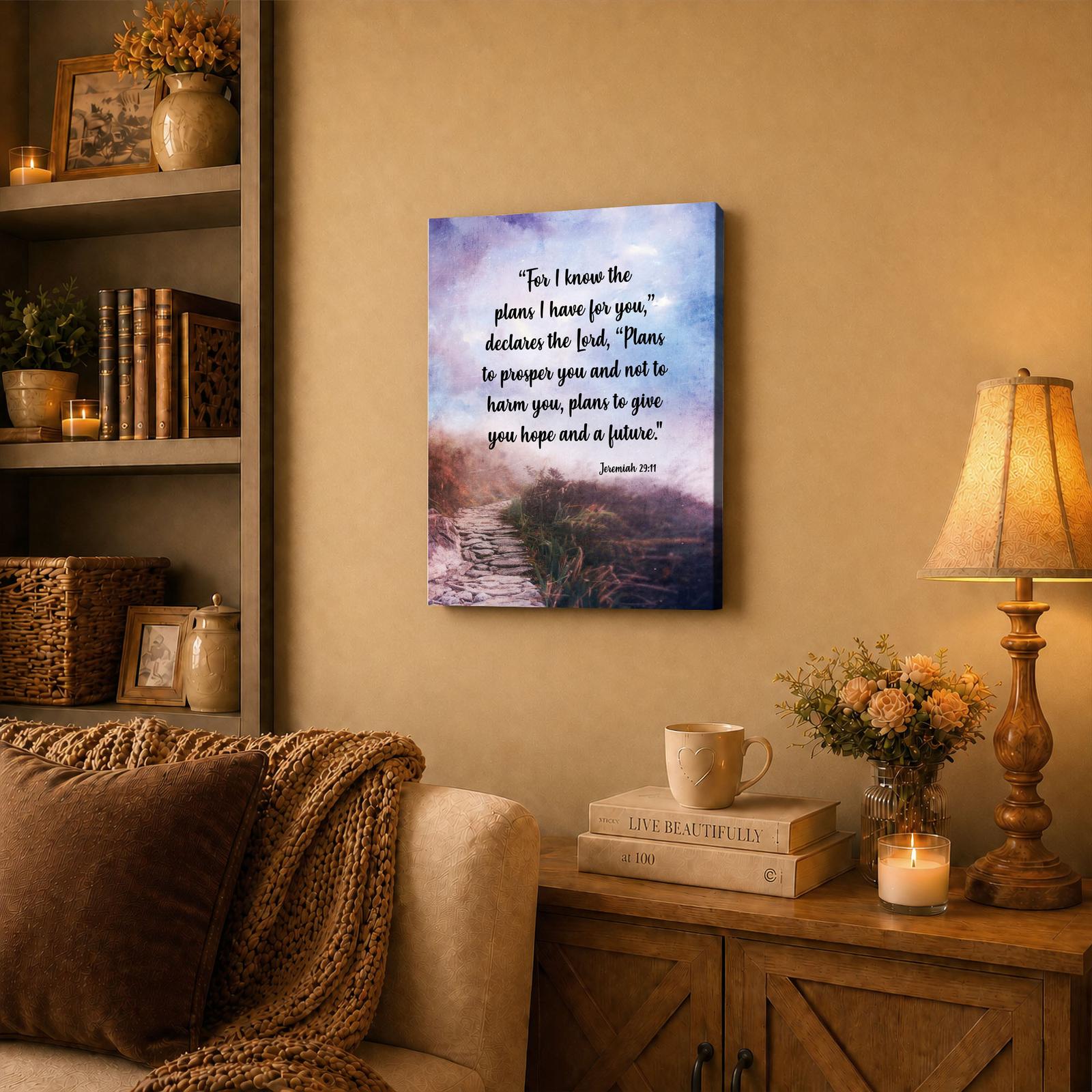 Jeremiah 29:11 canvas wall art displayed in a living room