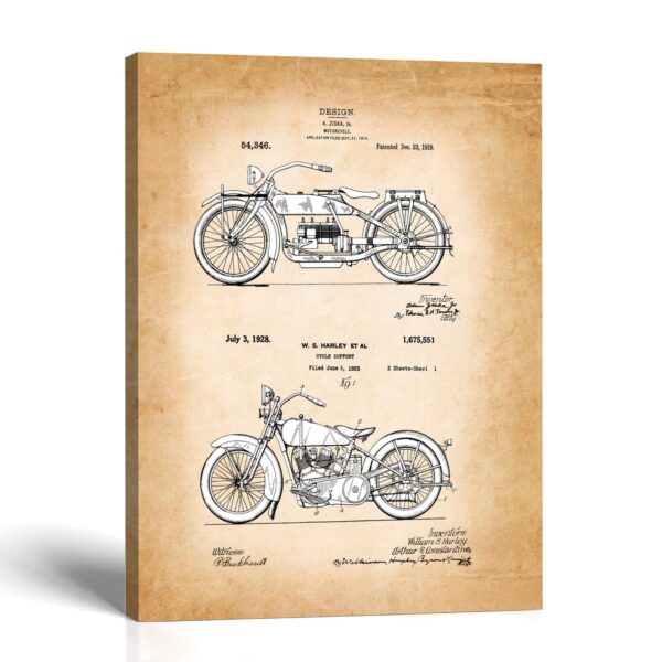 Vintage motorcycle patent canvas print - 1919 and 1928 patent drawings by Crossroads Home Decor