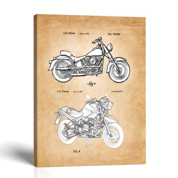 Motorcycle patent canvas print - 1993 and 2001 design patents by Crossroads Home Decor