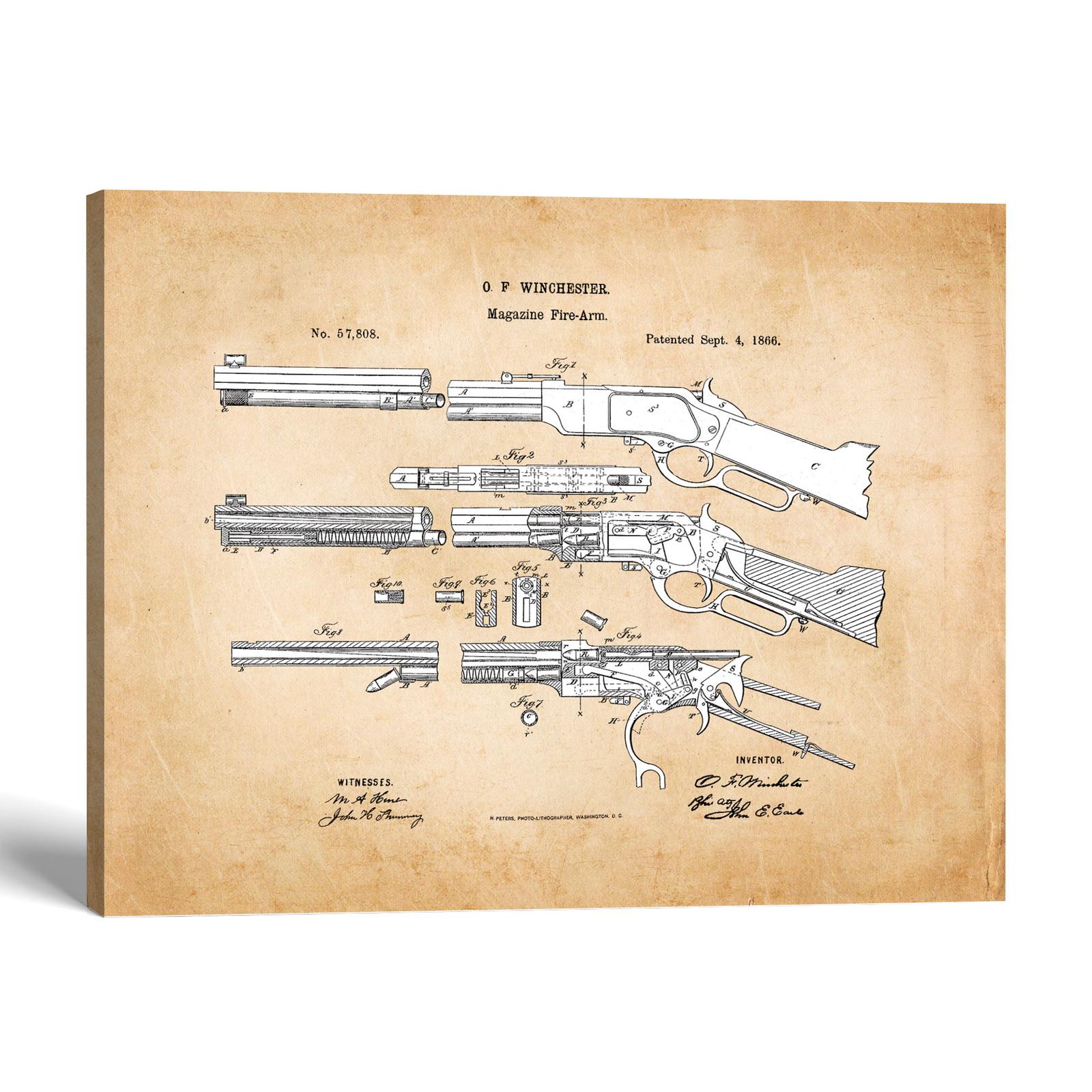Winchester rifle patent canvas print, 1866 lever-action design, by Crossroads Home Decor