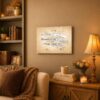 Winchester rifle patent canvas wall art displayed in a den
