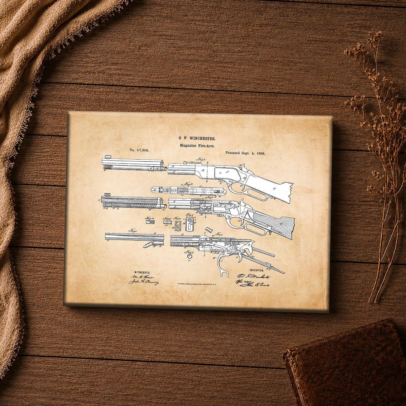 Patent number, cutaway and signatures close-up on the Winchester rifle patent canvas print