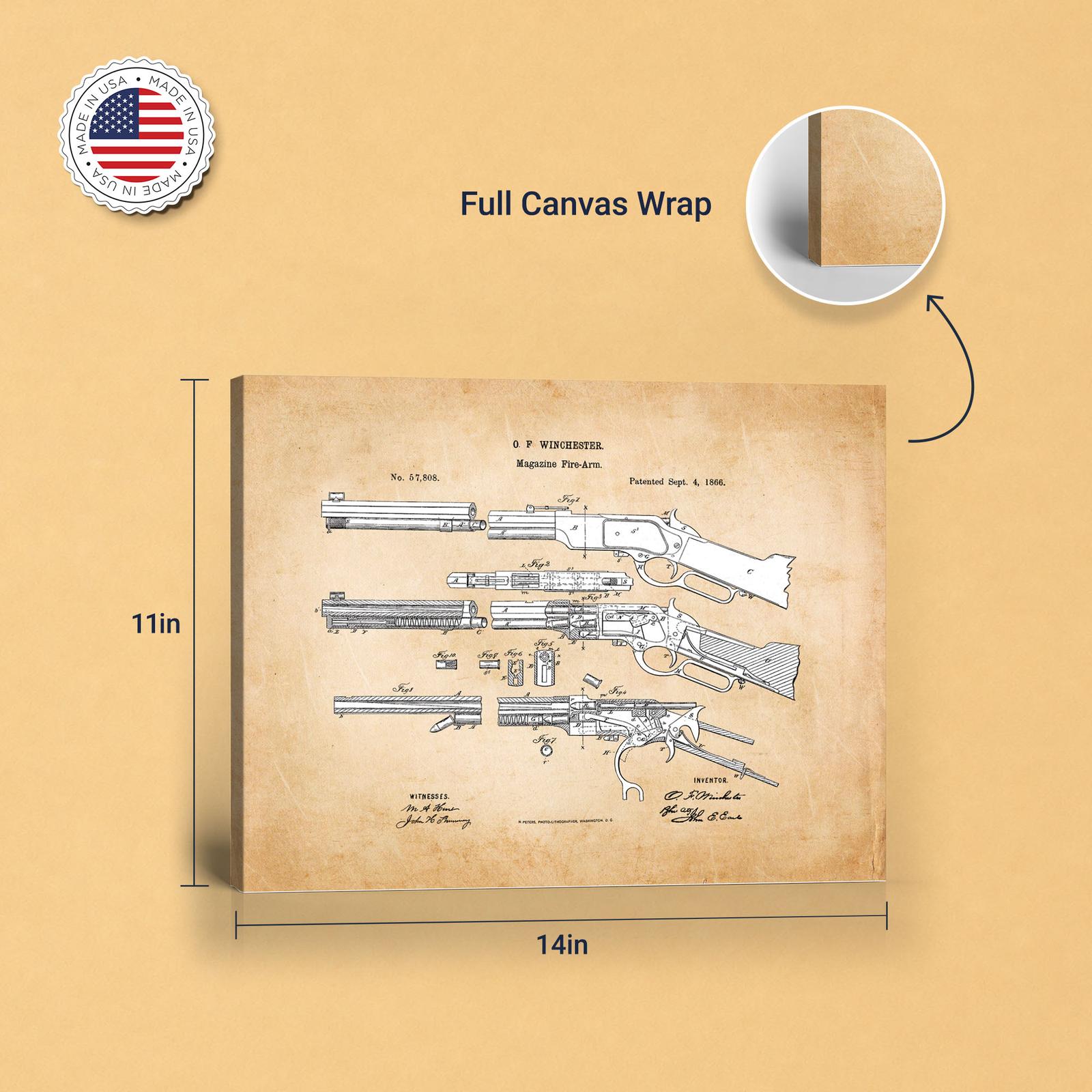 Winchester rifle patent canvas print in gallery-wrapped and floating frame styles