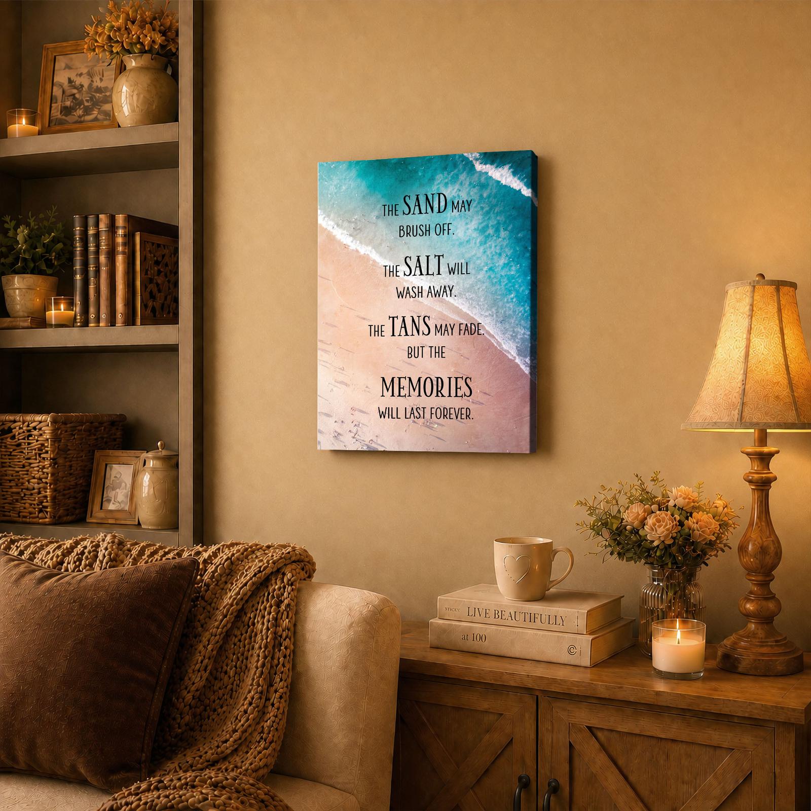 Beach vacation canvas wall art displayed in a living room