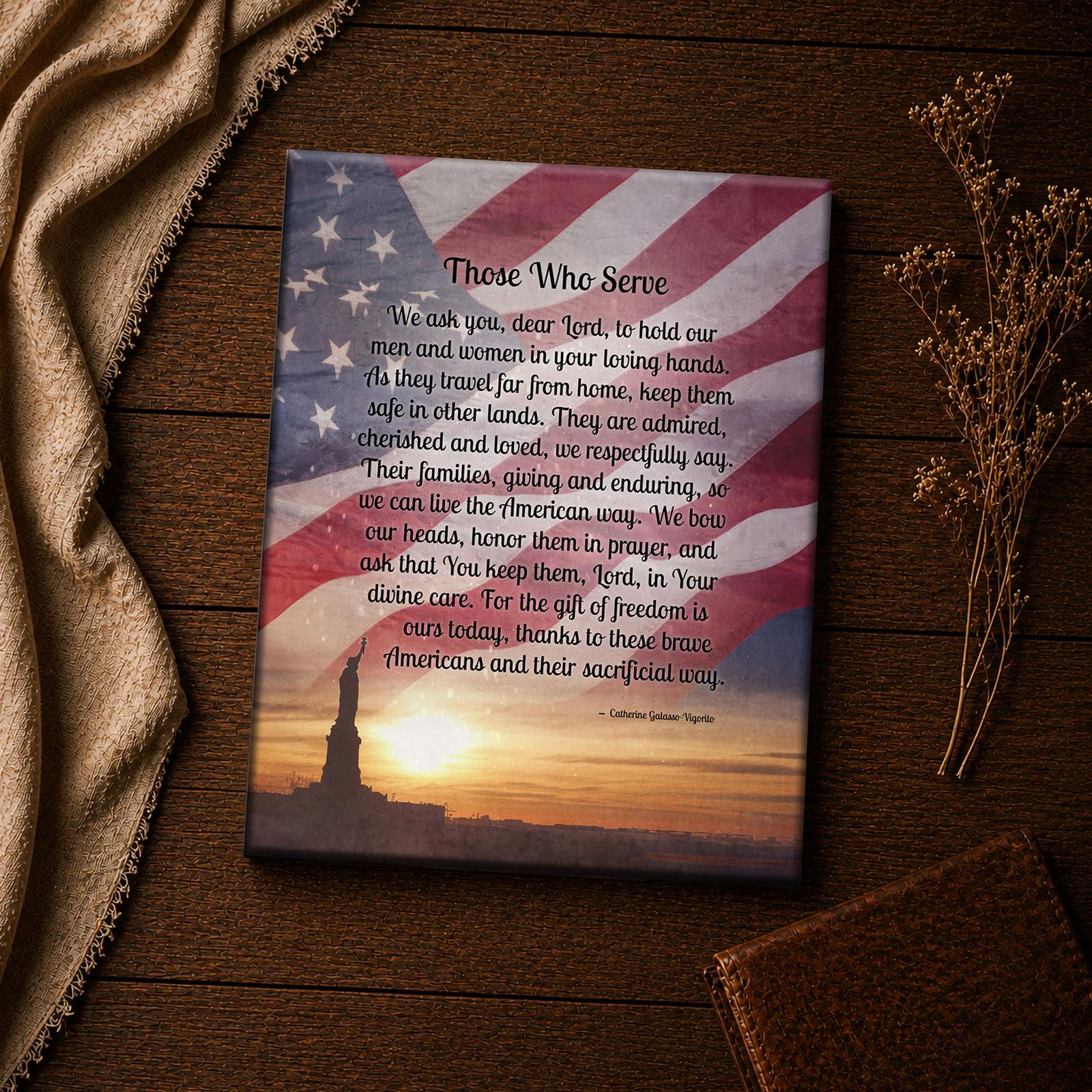Close-up of the Those Who Serve prayer text over the flag design