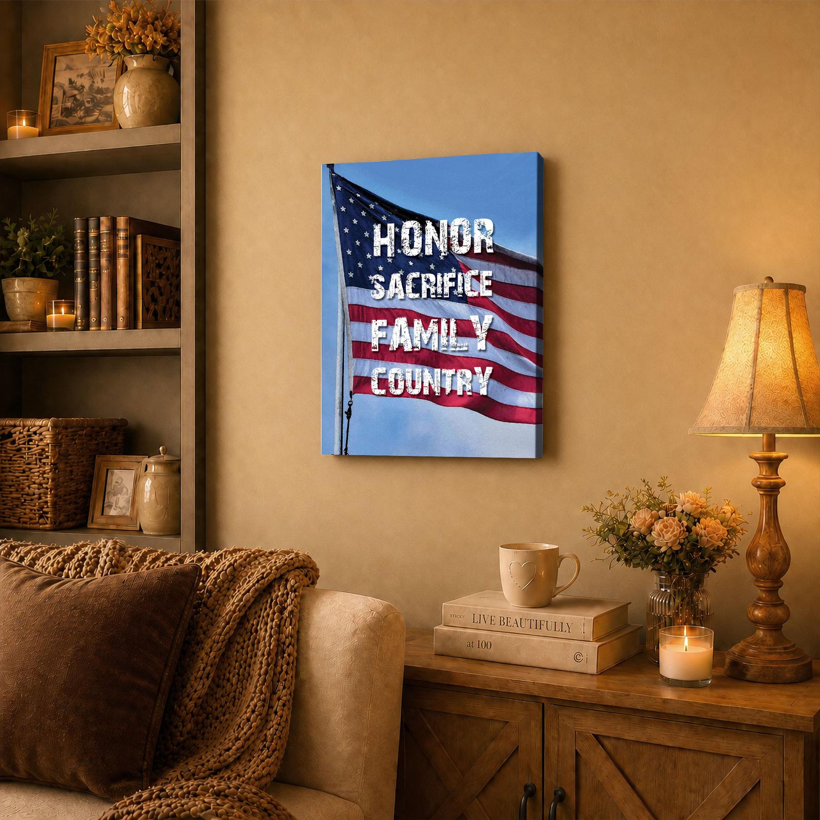 Honor Sacrifice Family Country canvas wall art displayed in a living room or office