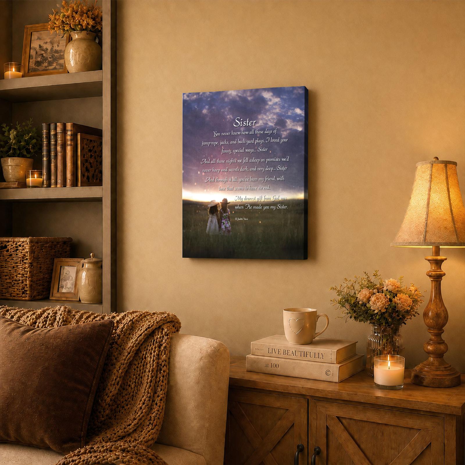 Sister canvas wall art displayed in a bedroom gallery wall