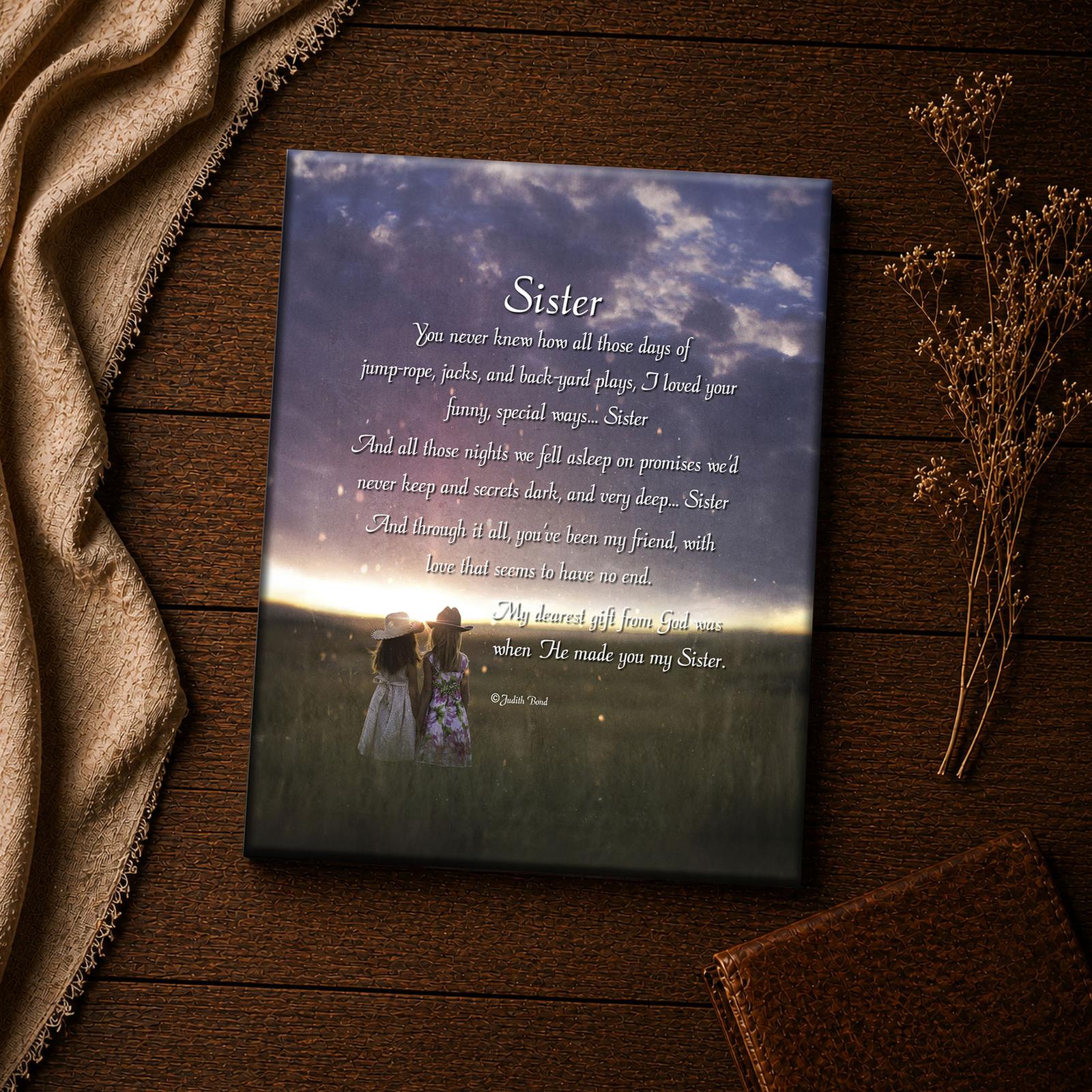 Sister poem canvas, close-up of the printed verse