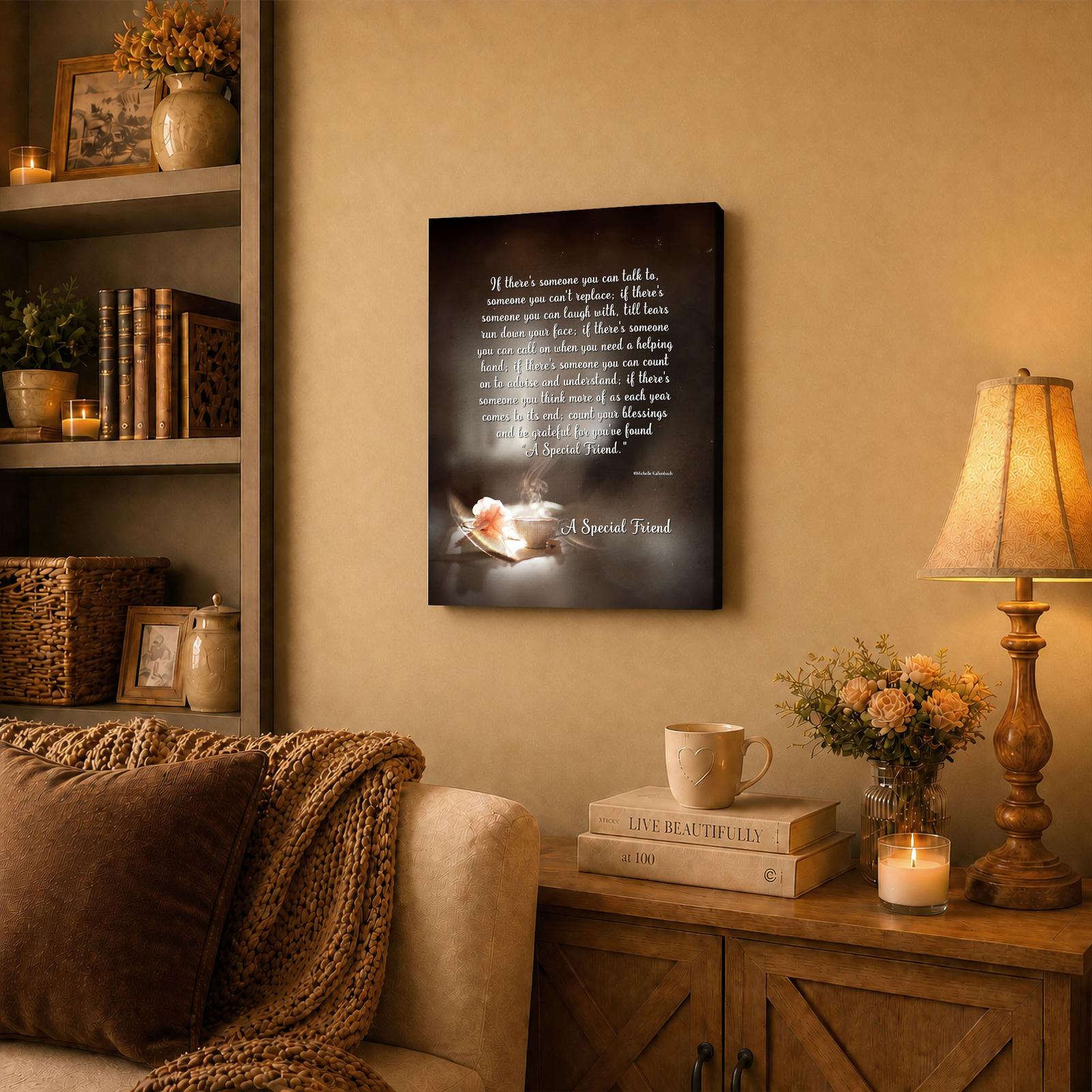 Special friend canvas wall art displayed in a living room gallery wall