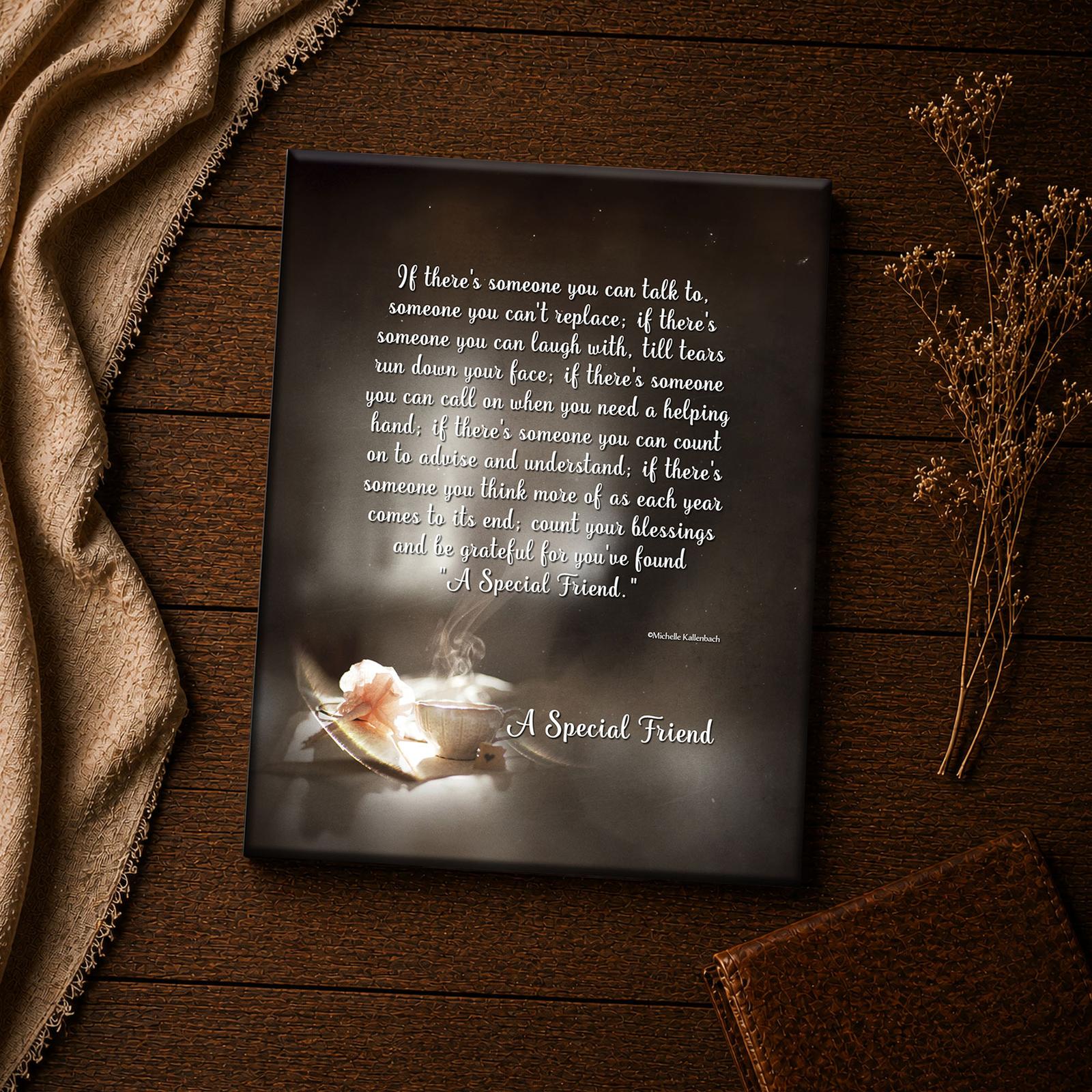 A Special Friend poem canvas, close-up of the teacup and verse