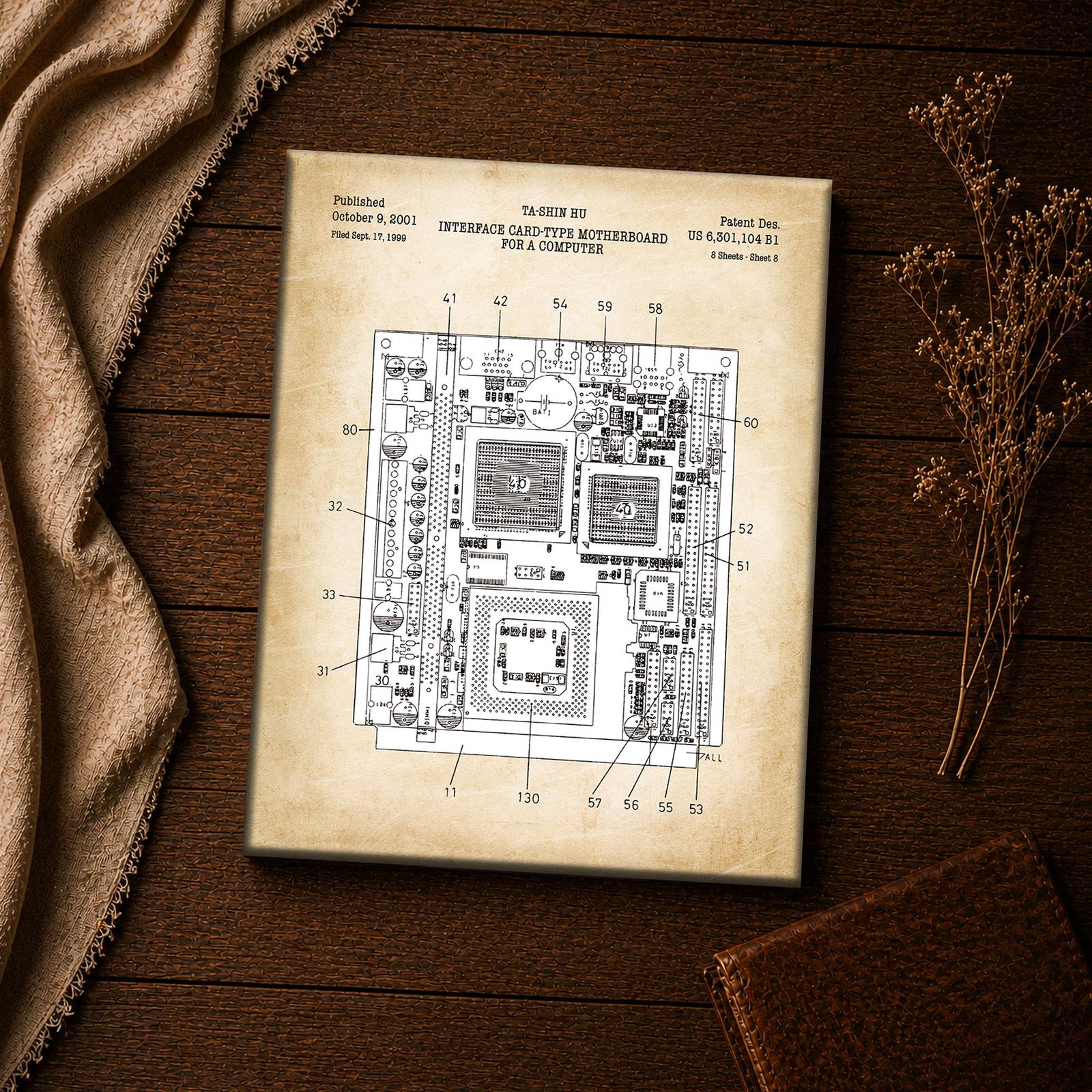 Motherboard patent canvas, close-up of the labeled sockets and slots