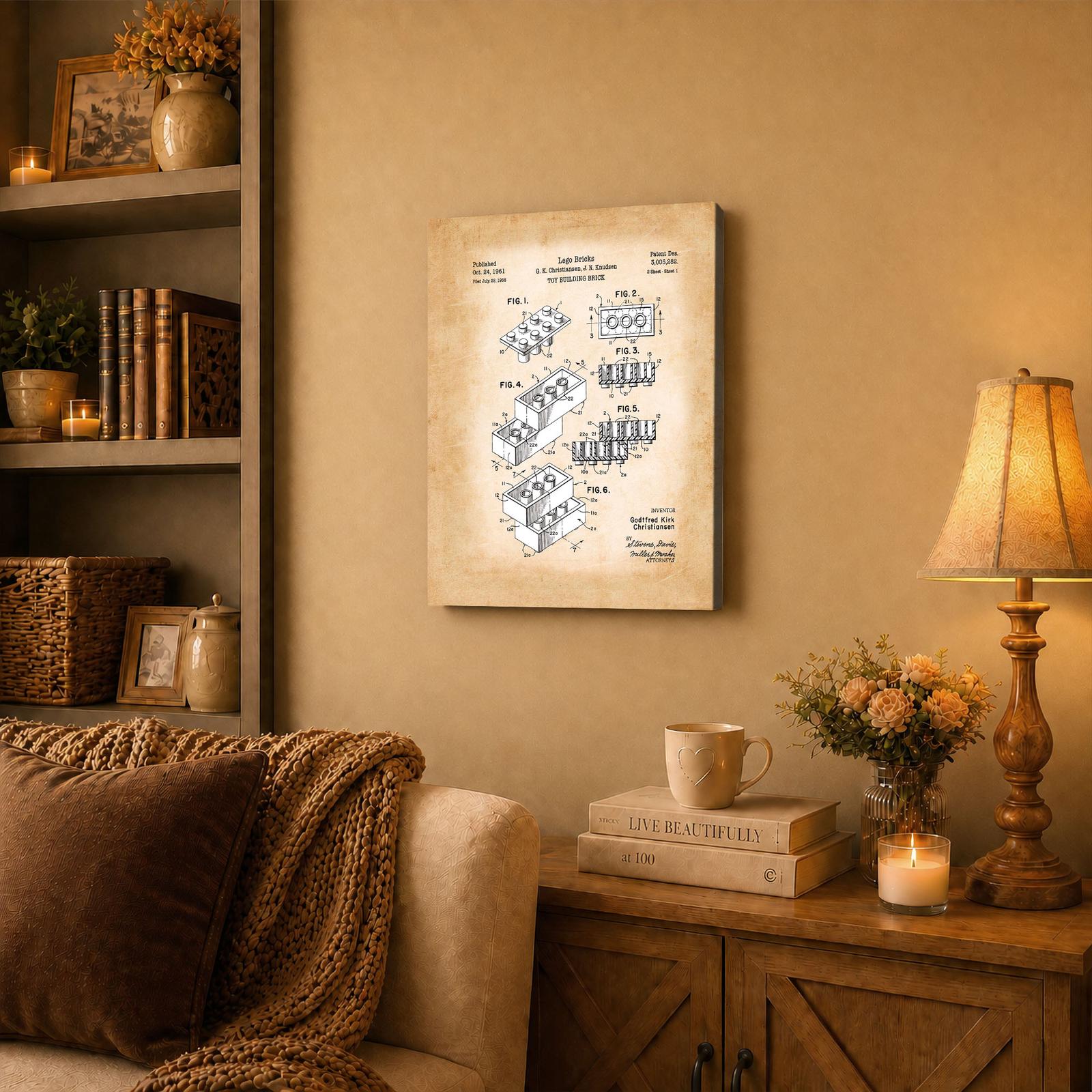 Toy building brick canvas wall art displayed in a playroom gallery wall