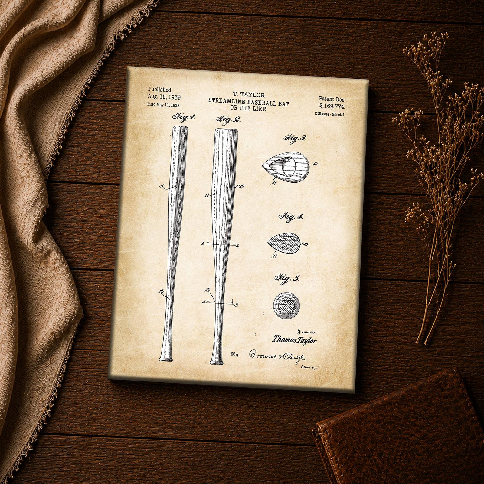 Streamlined baseball bat canvas print - vintage sports wall art close-up