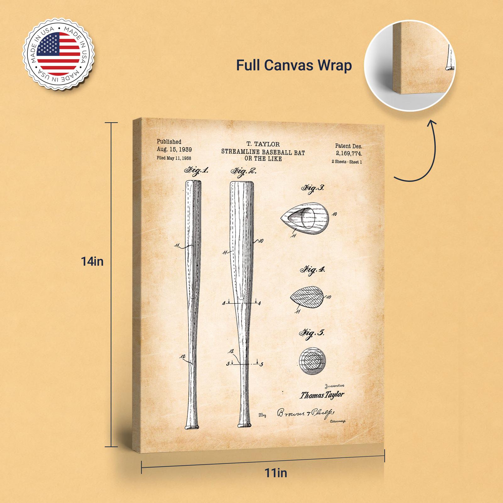 Baseball bat patent canvas print - gallery wrapped canvas edge detail