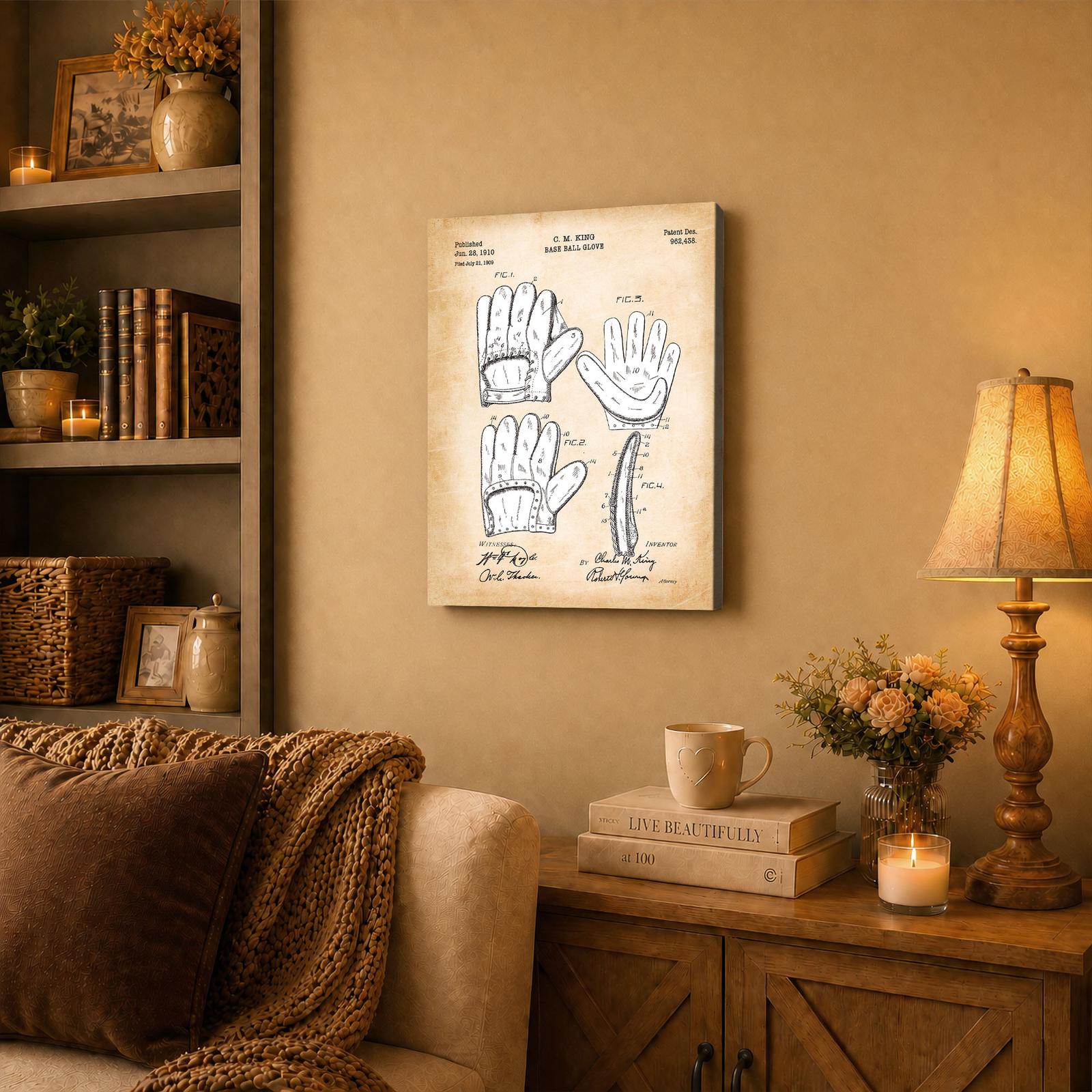 Baseball glove canvas wall art displayed in a boy's bedroom gallery wall