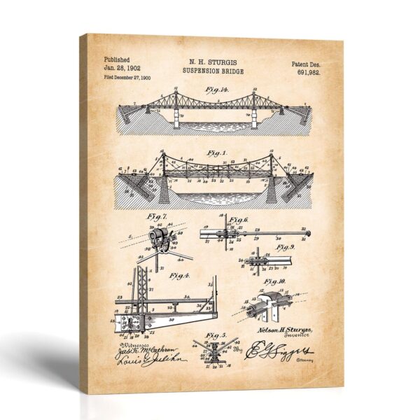 Suspension bridge patent canvas print, 1902 cable-span drawing, by Crossroads Home Decor