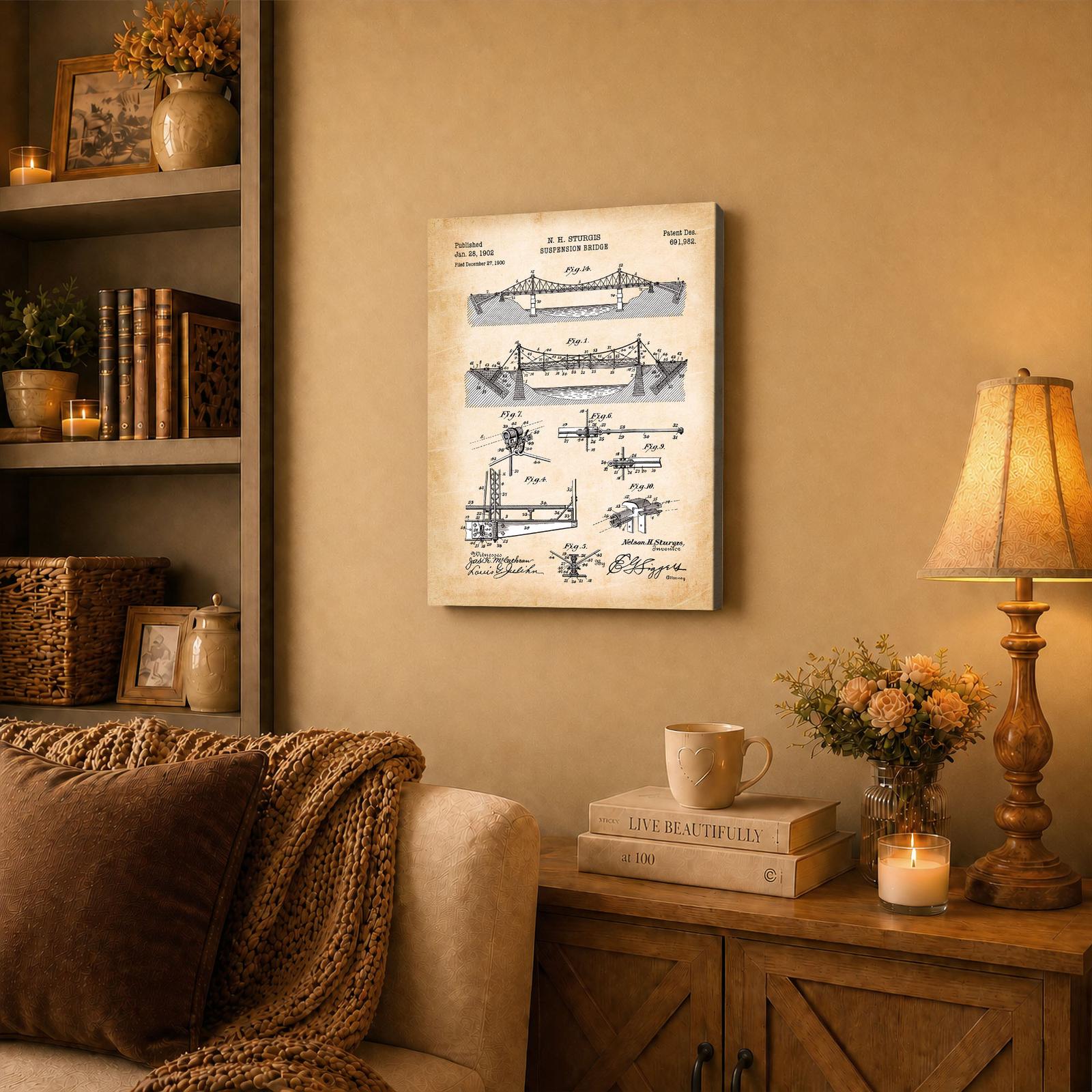 Suspension bridge canvas wall art displayed in a home office