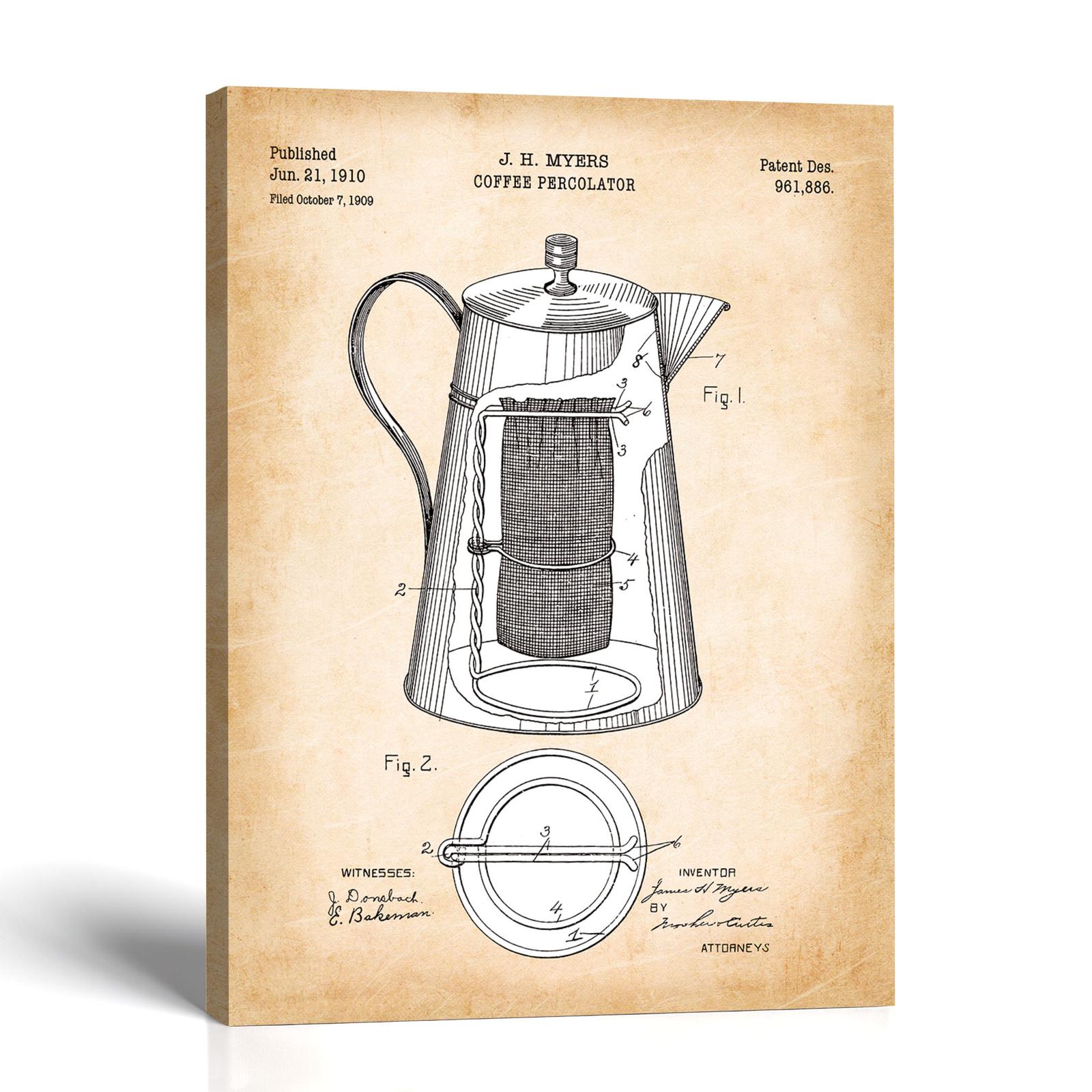 Coffee percolator patent canvas print - 1910 kitchen patent print by Crossroads Home Decor