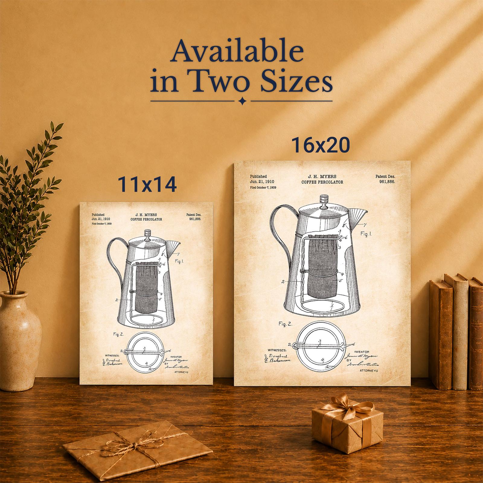Coffee percolator patent canvas print - Made in USA family-owned kitchen wall art