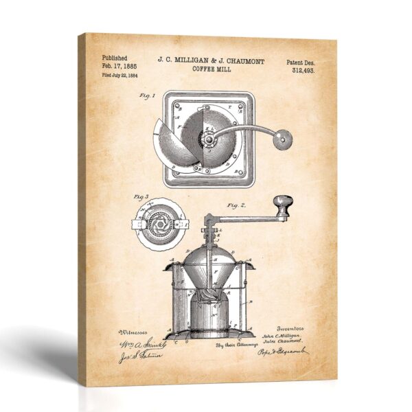 Coffee grinder canvas print - 1885 coffee mill patent drawing by Crossroads Home Decor