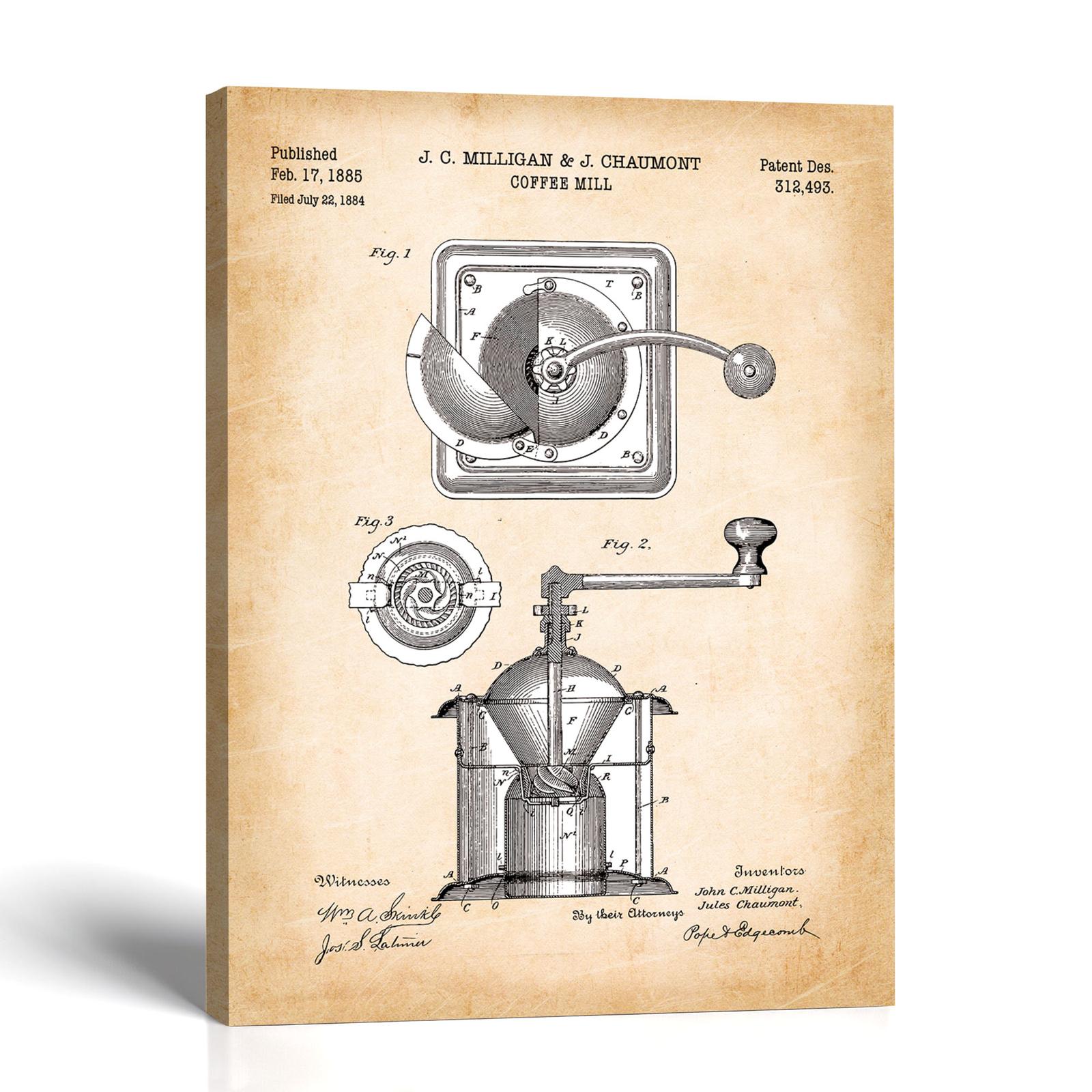 Coffee grinder canvas print - 1885 coffee mill patent drawing by Crossroads Home Decor