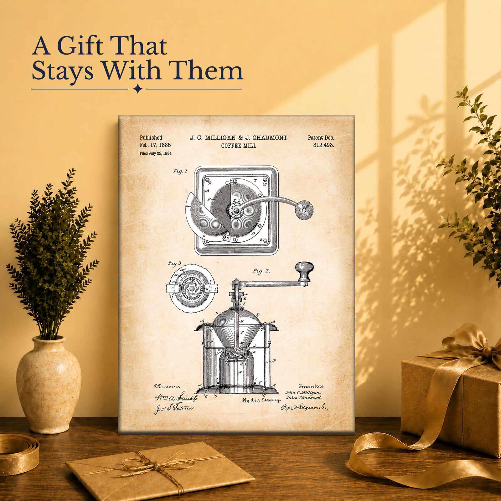 Coffee grinder patent print gift - canvas print for the coffee lover in your life