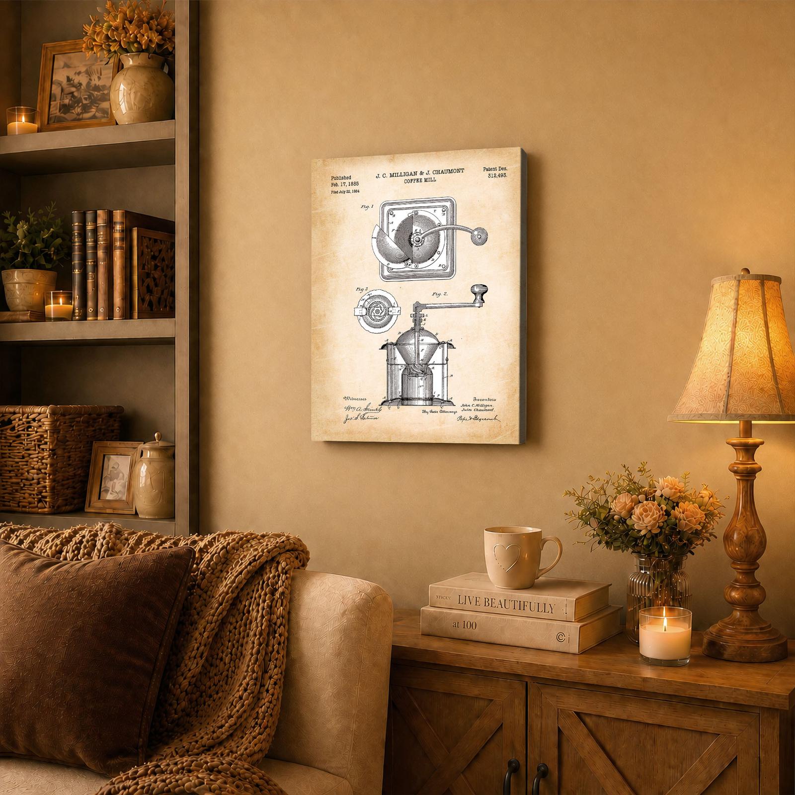 Coffee grinder patent canvas wall art displayed above a coffee bar