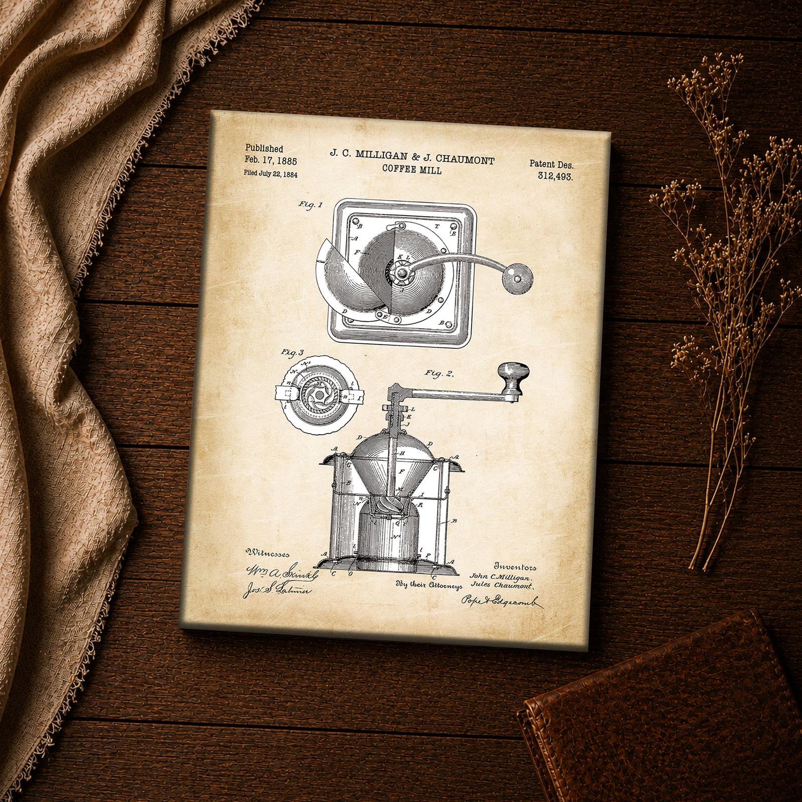Coffee mill patent print close-up - antique coffee grinder wall art detail