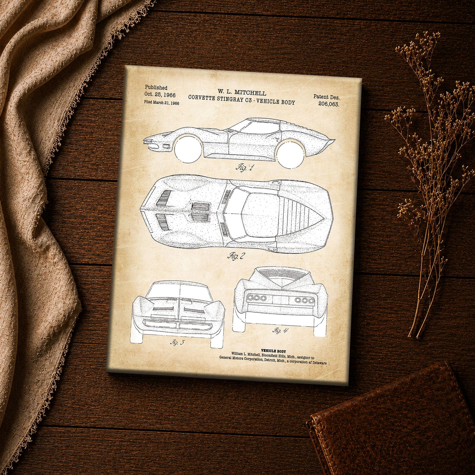 Corvette Stingray body patent canvas print - vintage automotive wall art