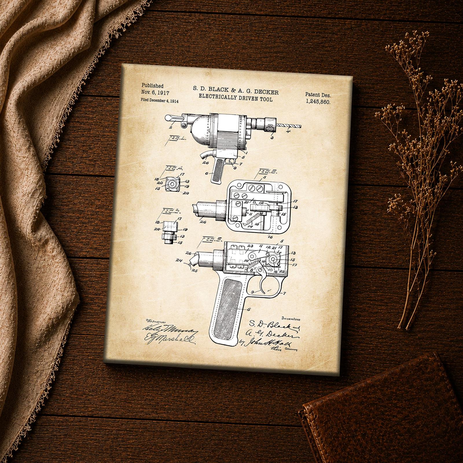 C2318C-4-11x14-1 Vintage power tool art - electric drill switch mechanism closeup