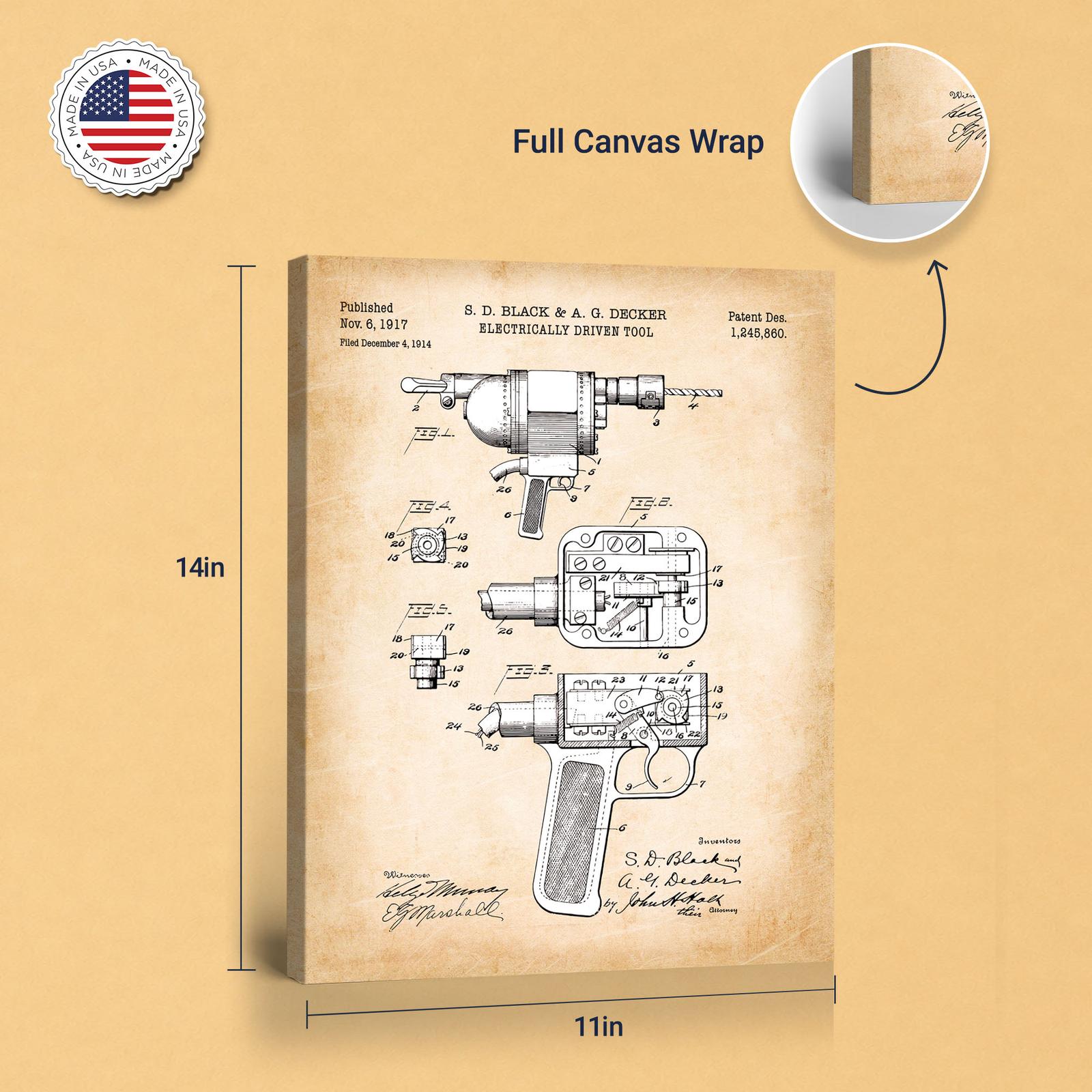C2318C-8-11X14 Electric drill patent art - gallery wrapped canvas edge detail