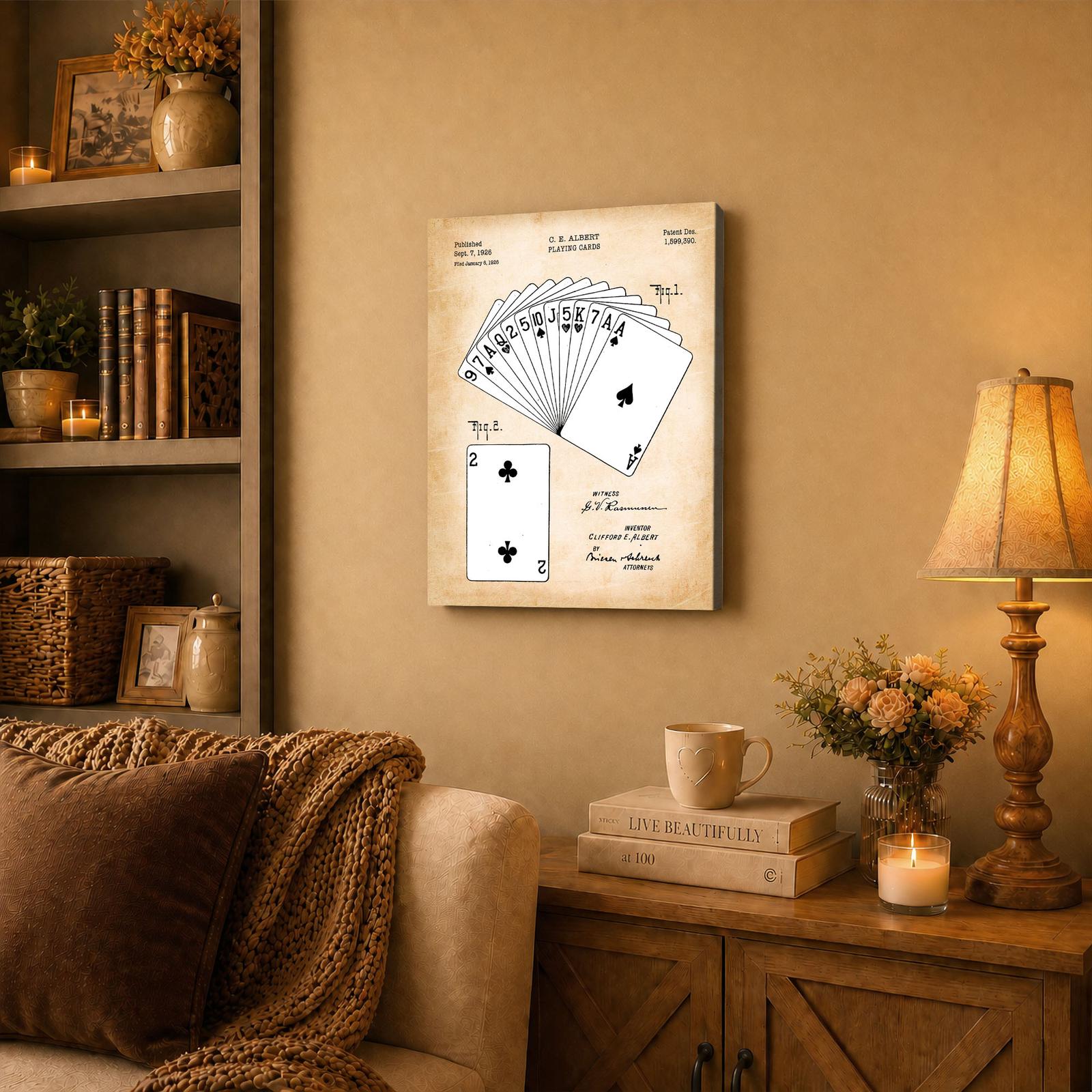 Playing cards patent canvas wall art displayed in a game room