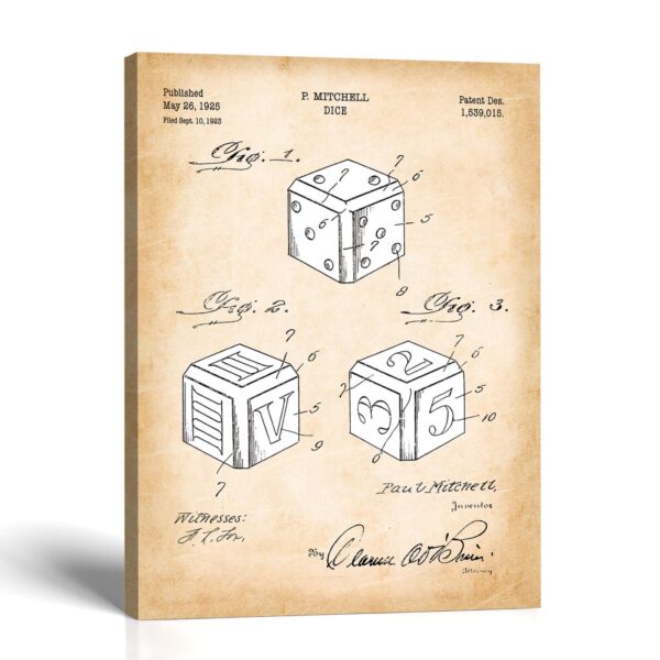 Dice canvas print - 1925 Patent Drawing by Crossroads Home Decor