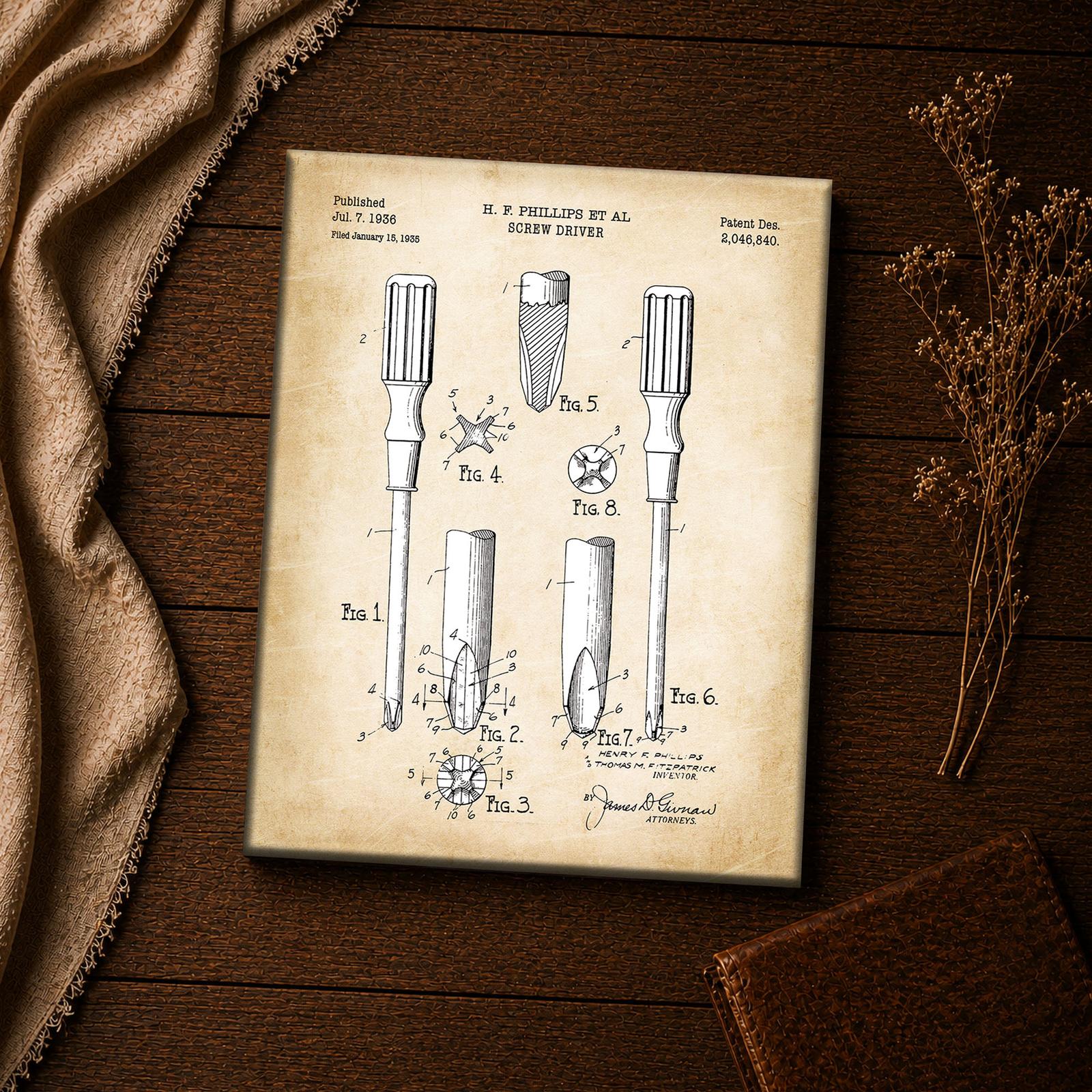 Vintage tool patent print - screwdriver cross-tip closeup