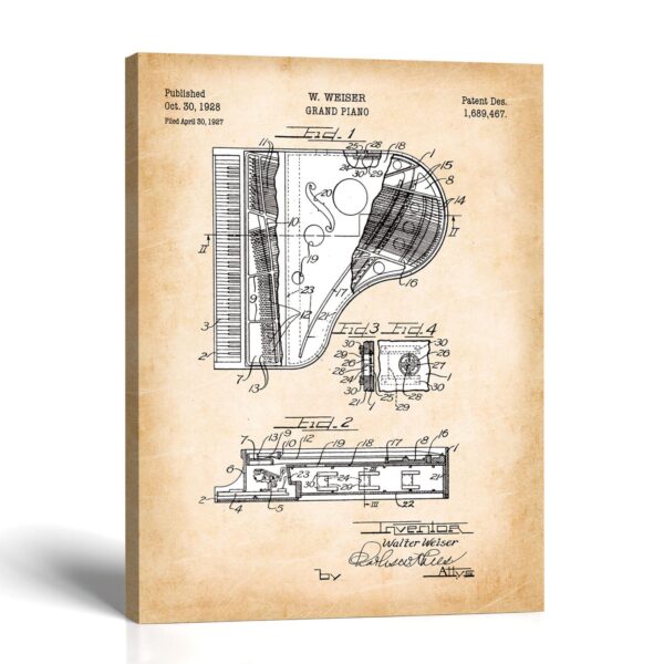 Grand piano patent canvas print - 1928 piano patent print by Crossroads Home Decor