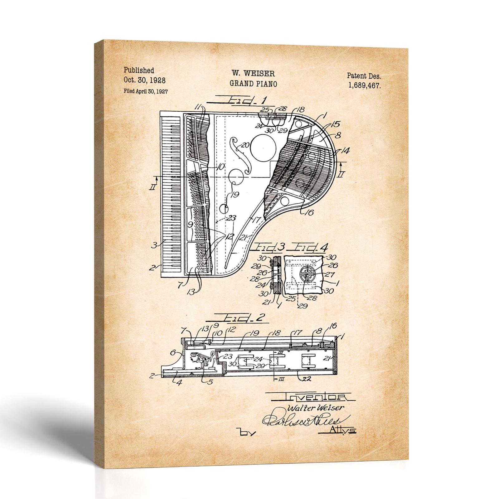 Grand piano patent canvas print - 1928 piano patent print by Crossroads Home Decor