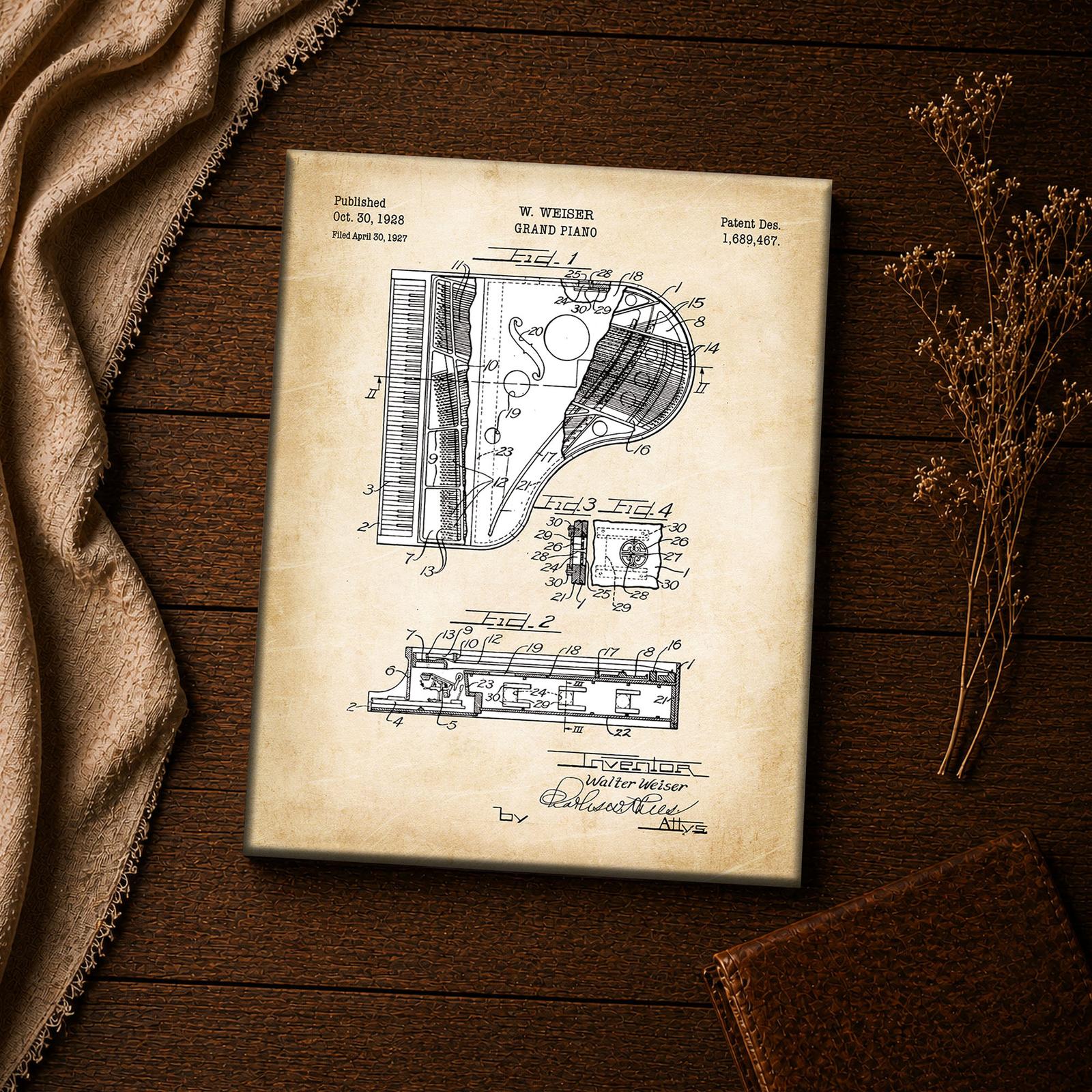 1928 grand piano patent print - vintage music room inspirational wall art