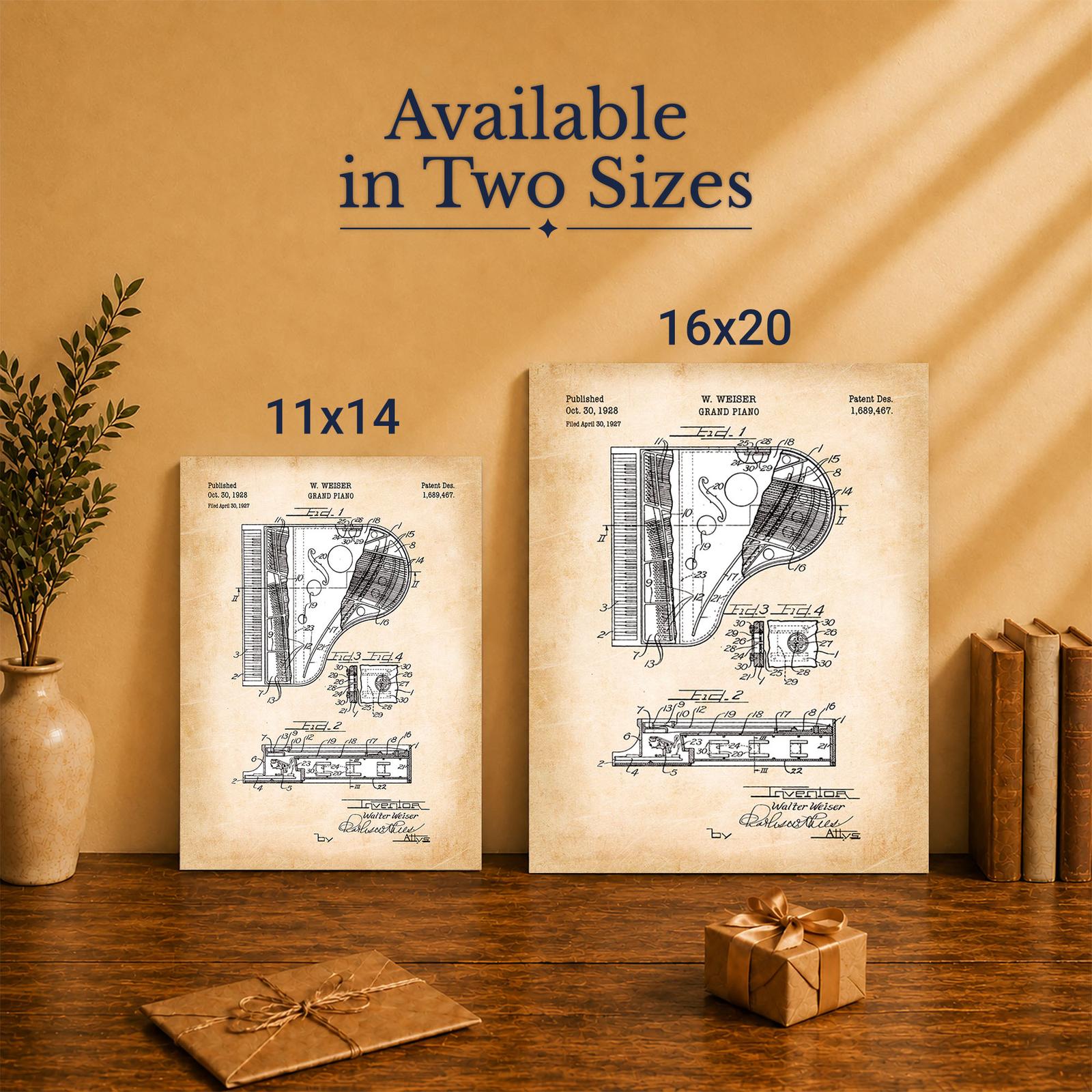 Grand piano patent canvas print - Made in USA family-owned music room wall art