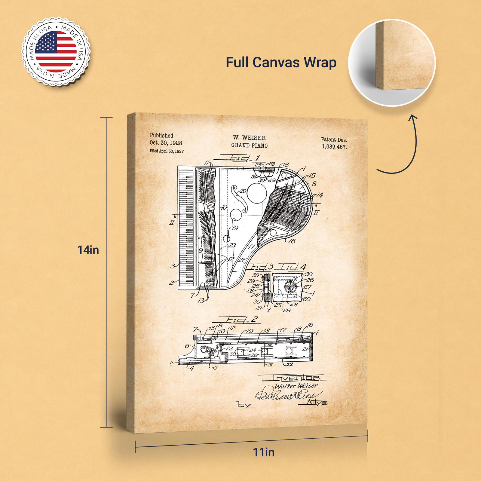1928 piano patent art print - gallery wrapped canvas edge detail