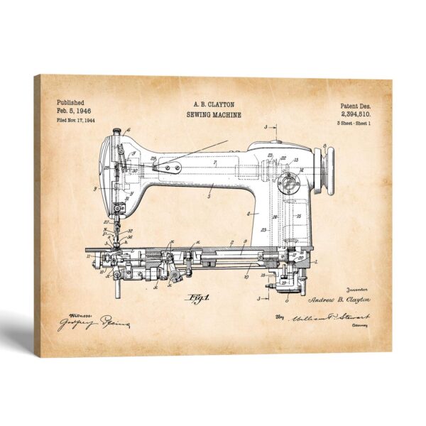 Sewing machine patent canvas print - 1946 patent drawing by Crossroads Home Decor