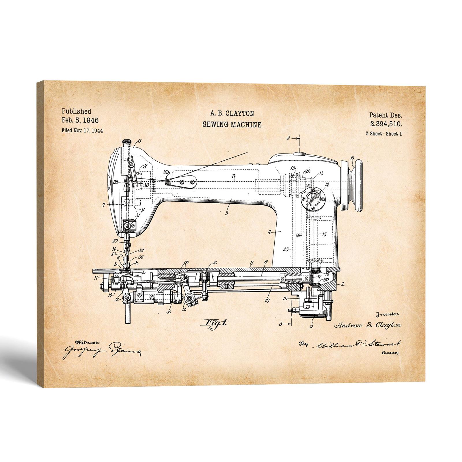 Sewing machine patent canvas print - 1946 patent drawing by Crossroads Home Decor