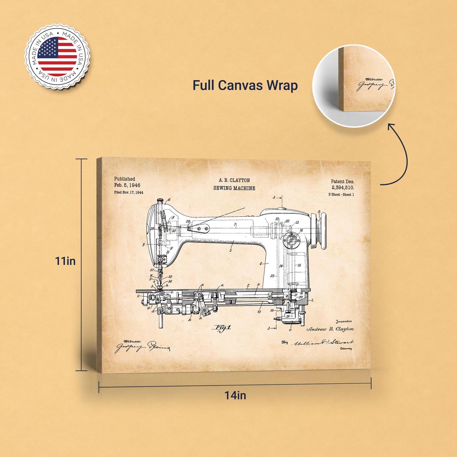 Sewing machine patent print - gallery wrapped canvas edge detail
