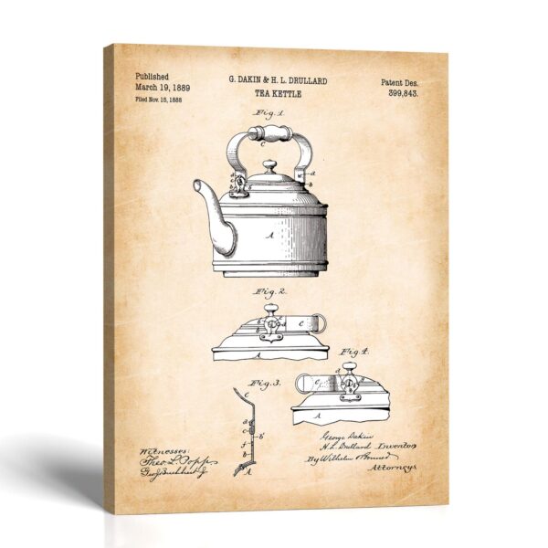 Tea kettle canvas print - 1889 patent drawing by Crossroads Home Decor