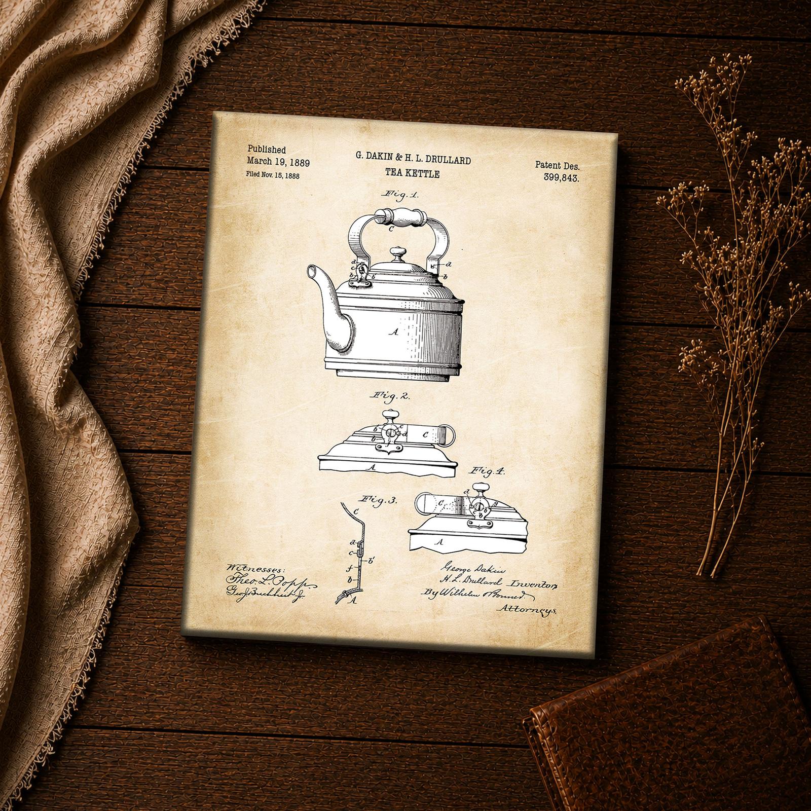 Tea kettle patent print close-up - antique kettle wall art detail