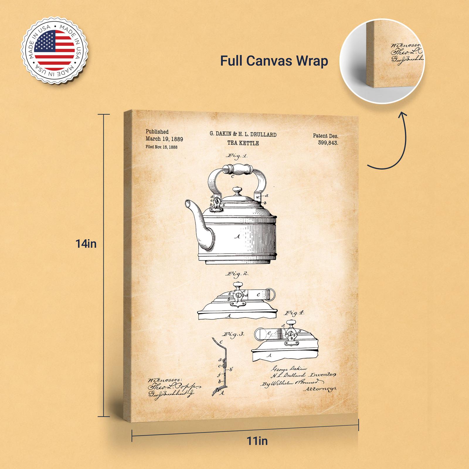 Tea kettle patent print - gallery wrapped canvas edge detail